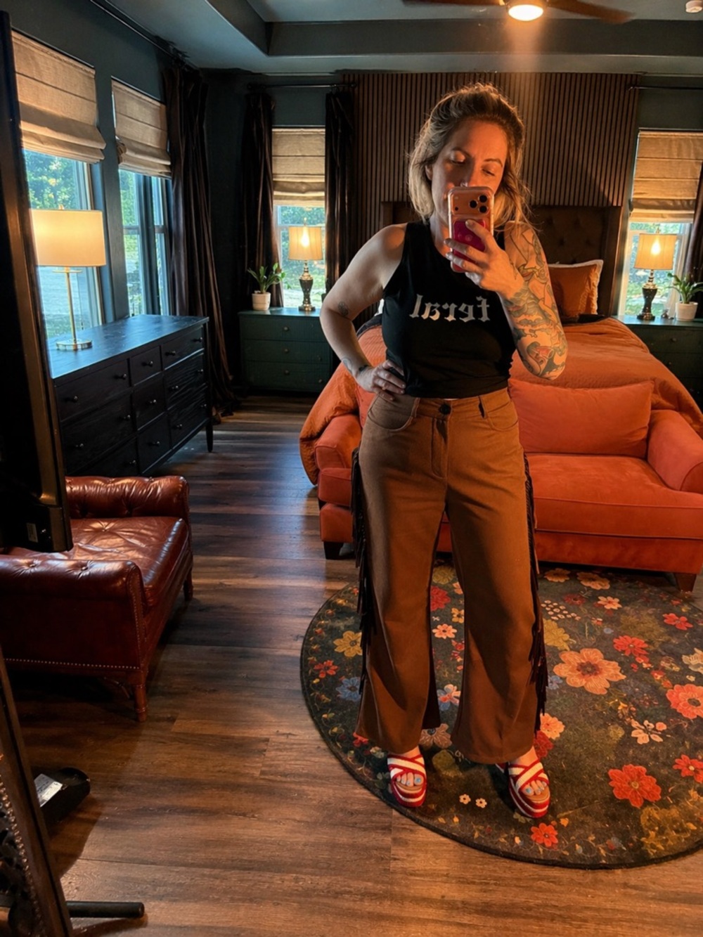 Suede-Look Fringe Side Pants — Rust Brown